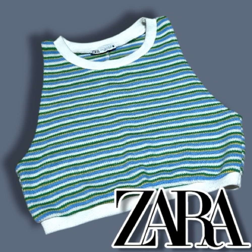 GUC ZARA Striped Crew Neck Cropped Tank Top in Blue and Green. Size Medium